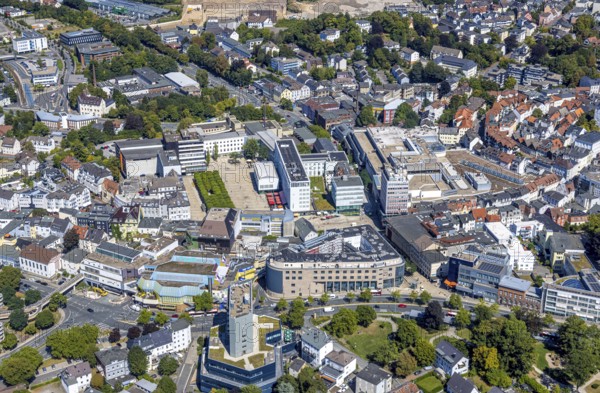 Aerial view, city centre view with town hall and town hall square with tree avenue, Lüdenscheid