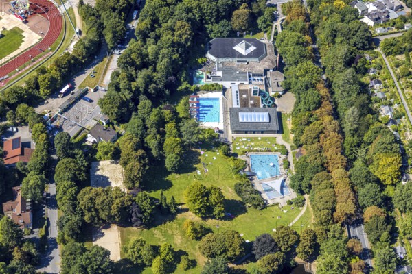 Aerial view, outdoor swimming pool Nattenberg, swimming pool with bathers and eight diving boards,