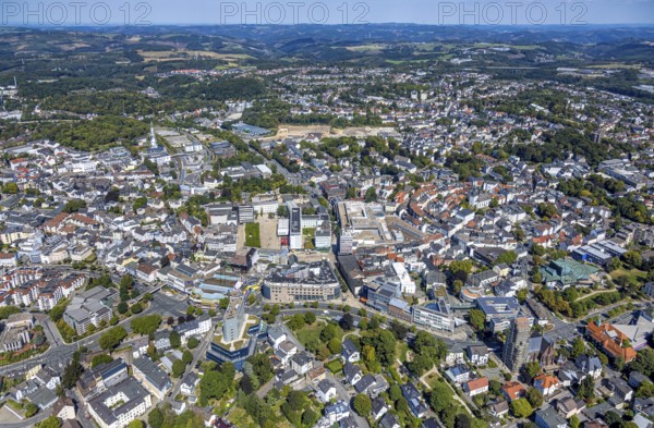 Aerial view, city centre view with town hall and town hall square with tree avenue, behind