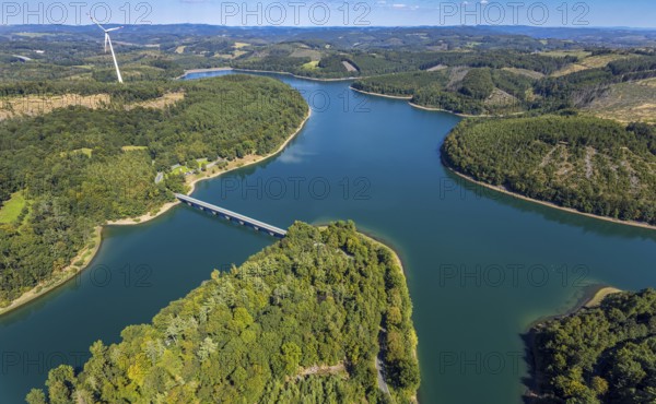 Aerial view, Versetalsperre, forest area with forest damage, Klamer Brücke der Landesstraße L694,