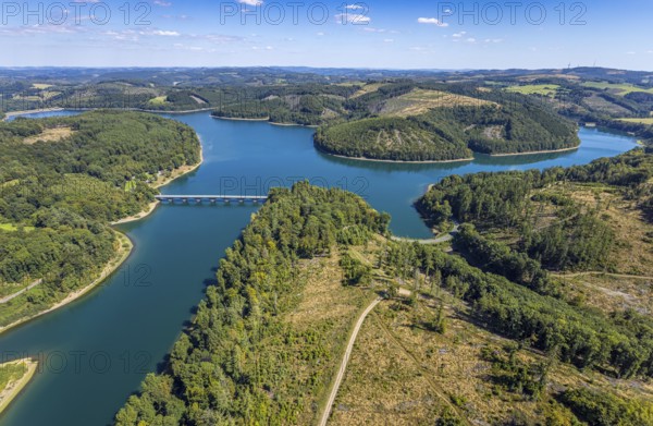 Aerial view, Versetalsperre, forest area with forest damage, Klamer Brücke der Landesstraße L694,