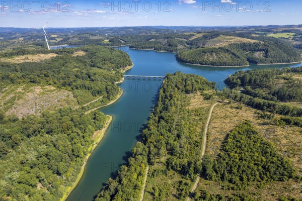 Aerial view, Versetalsperre, forest area with forest damage, Klamer Brücke der Landesstraße L694,
