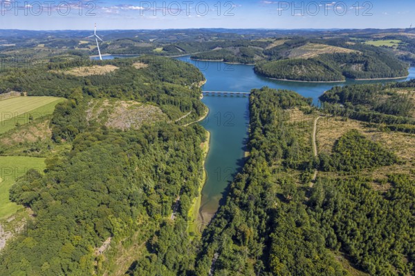 Aerial view, Versetalsperre, forest area with forest damage, Klamer Brücke der Landesstraße L694,