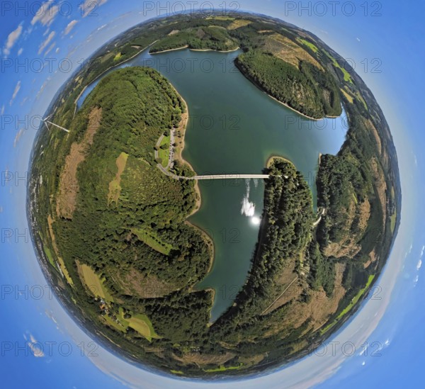 Aerial view, Versetalsperre, Klamer Brücke Landesstraße L694, earth globe, fisheye image, 360