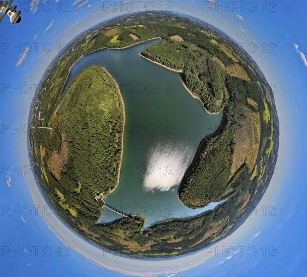 Aerial view, Verse dam, globe, fisheye image, 360 degree image, tiny world, little planet, fisheye