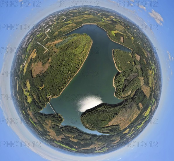 Aerial view, Verse dam, globe, fisheye image, 360 degree image, tiny world, little planet, fisheye
