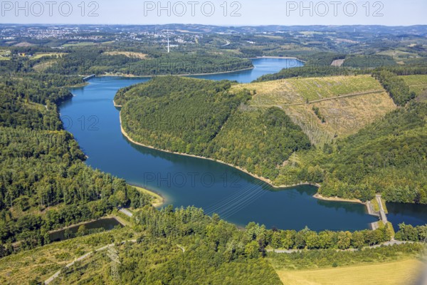 Aerial view, Versetalsperre, forest area with forest damage, Piepersloh, Lüdenscheid, Sauerland,
