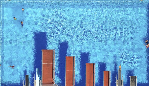 Aerial view, open-air swimming pool Nattenberg, swimming pool with bathers and eight diving boards,