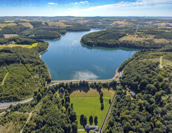 Aerial view, Verse dam with dam, forest area with forest damage, Piepersloh, Lüdenscheid,