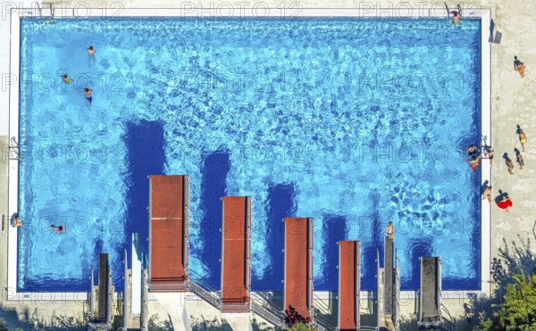 Aerial view, open-air swimming pool Nattenberg, swimming pool with bathers and eight diving boards,