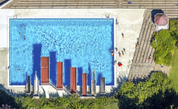 Aerial view, open-air swimming pool Nattenberg, swimming pool with bathers and eight diving boards,
