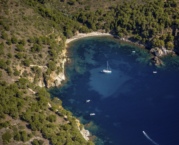 Bays for sailboats and divers, Mediterranean Bay of Roses, blue water, Roses, Costa Brava,