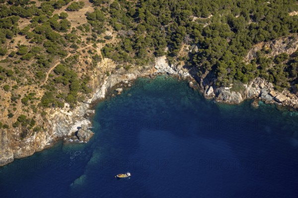 Bays for sailboats and divers, Mediterranean Bay of Roses, blue water, Roses, Costa Brava,