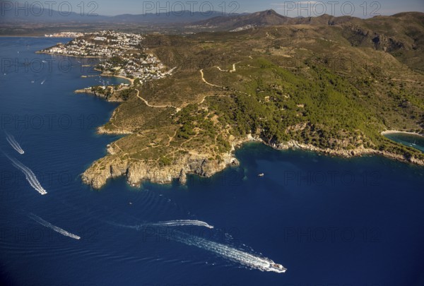 Bays for sailboats and divers, Mediterranean Bay of Roses, blue water, Roses, Costa Brava,