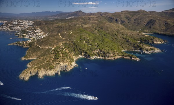 Bays for sailboats and divers, Mediterranean Bay of Roses, blue water, Roses, Costa Brava,