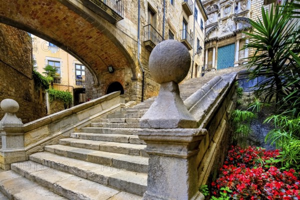 Historic stone staircase in the alleys of the old town of Girona, Cataluña, Gerona, Catalonia,