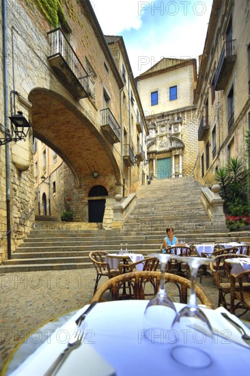 Small restaurant in the alleys of the old town of Girona, Cataluña, Gerona, Catalonia, Spain,