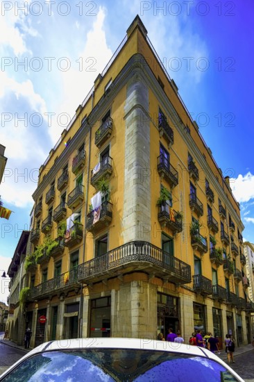 Classic residential building in the old town centre of Girona, Cataluña, Gerona, Catalonia, Spain,