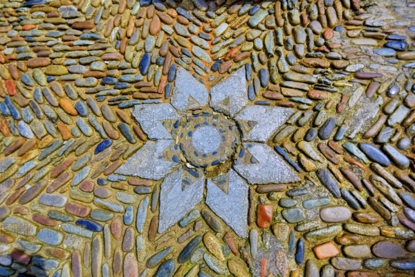 Colourful stone mosaic in front of the cathedral of Girona, Girona, Cataluña, Gerona, Catalonia,