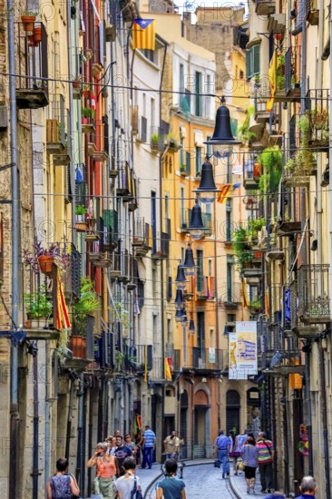 Colourful alley in the old town of Girona with lanterns, Girona, Cataluña, Gerona, Catalonia,
