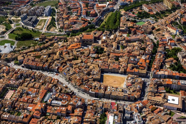 Old town, Placa Major, market place of Vic, Vic, Costa Brava, Catalonia, Spain, Europe, aerial