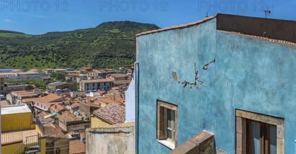 Sardinia, coloured house wall with crumbling plaster, Bosa, Europe, Province of Oristano, Italy,