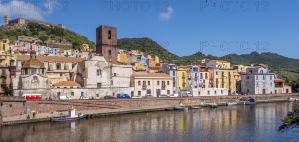Sardinia, village view, houses at the river Temo and church tower, Bosa, Europe, province Oristano,