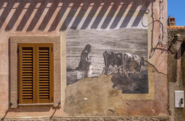 Sardinia, house with mural, Sardinian landmark, Tinnura, Europe, Province of Oristano, Italy,