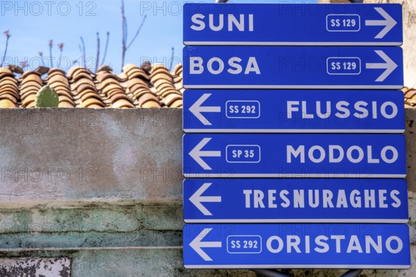 Sardinia, road signposts to places, Tinnura, Europe, Province of Oristano, Italy, architecture,