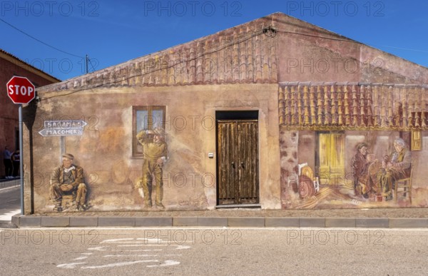 Sardinia, house with murals, Sardinian landmark, Tinnura, Europe, Province of Oristano, Italy,