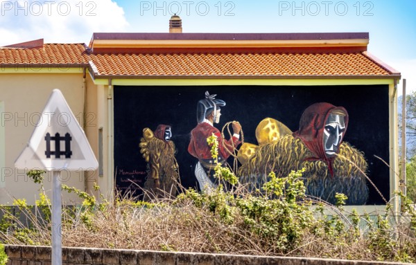 Sardinia, house with murals, Sardinian landmark, Tinnura, Europe, Province of Oristano, Italy,