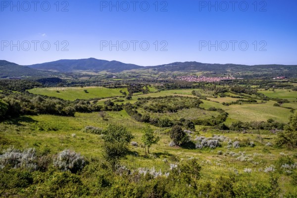 Sardinia, view of village and wide landscape meadows and fields, with mountains in the background,