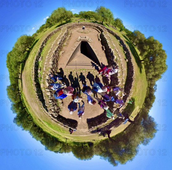 Sardinia, fisheye shot of a tourist group at a Roman bathing complex, Paulilatino, Europe, Oristano
