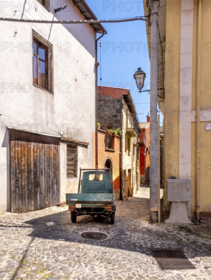 Sardinia, Small van Ape in the alleys of Santu Lussurgiu, Europe, Province of Oristano, Italy, old