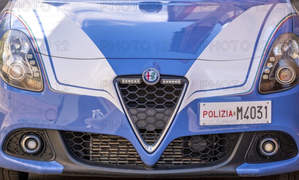 Sardinia, Alfa Romeo police car and police sign Polizia M4031, Bosa, Europe, Province of Oristano,