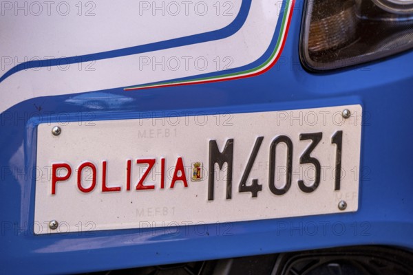 Sardinia, Alfa Romeo police car and police sign Polizia M4031, Bosa, Europe, Province of Oristano,