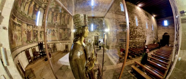 Sardinia, Madonna figure with crown, Santissima TrinitÃƒÂ di Saccargia, Romanesque church, fisheye