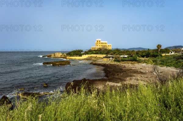 Sardinia, coastal wall, coast and beach with Villa Las Tronas Hotel and Spa, Alghero, Europe,