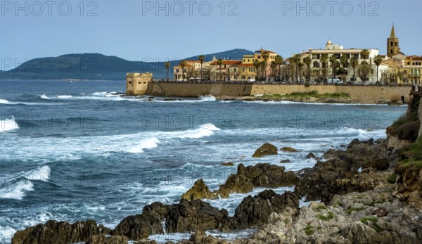 Sardinia, coastal wall, coast and beach, city wall, tower Torre San Giacomo, Alghero, Europe,
