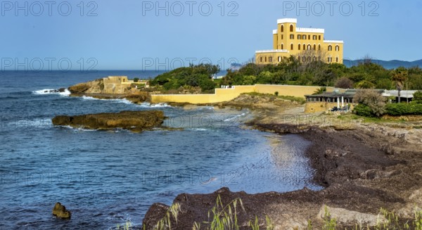 Sardinia, coastal wall, coast and beach with Villa Las Tronas Hotel and Spa, Alghero, Europe,