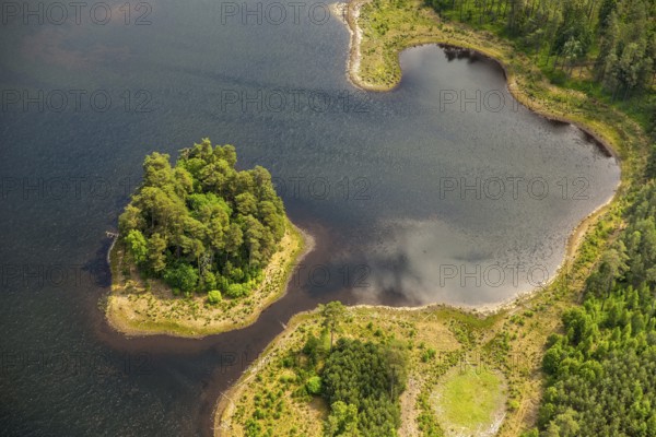 Lakeland, Pomerania, reflection, wooded island, ChoÅ'nica, Baltic Sea coast, pomorskie, Poland,