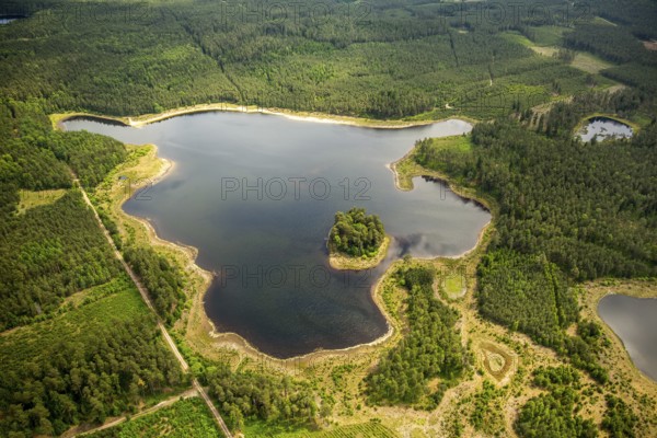 Lakeland, Pomerania, reflection, wooded island, ChoÅ'nica, Baltic Sea coast, pomorskie, Poland,