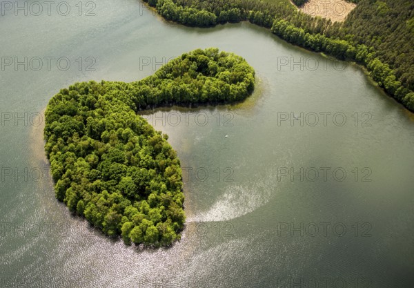 Lakeland, Pomerania, reflection, forested island, Åupawsko, Baltic Sea coast, pomorskie, Poland,