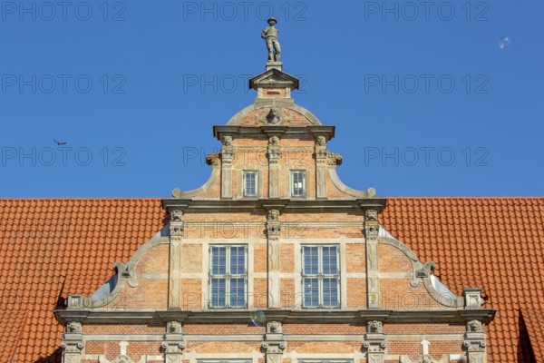 Roof gable at the Green Tor, Brama Zielona, city gate, GdaÅsk, Gdansk, Baltic Sea coast, Baltic