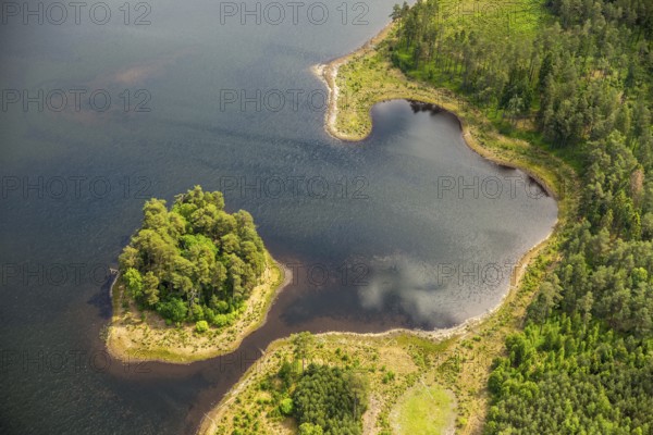 Lakeland, Pomerania, reflection, wooded island, ChoÅ'nica, Baltic Sea coast, pomorskie, Poland,