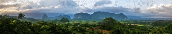 Vinales valley with karst mountains, view from Hotel Los Jazmines into the valley, panoramic view,