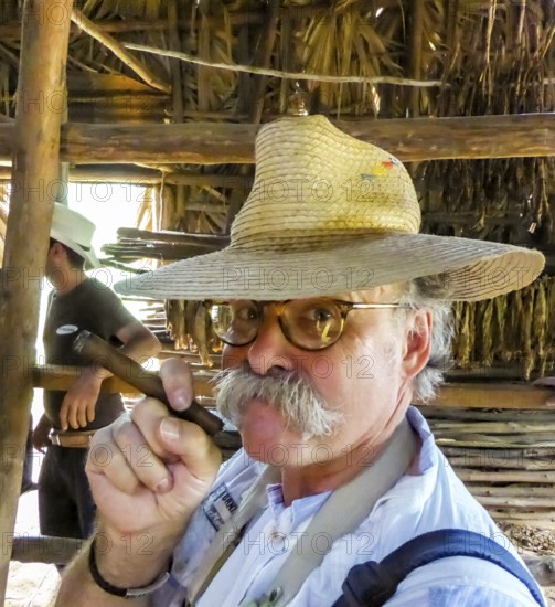 Hans Blossey Tourist smokes a Havana cigar, tobacco farm in the Vinalestal, Viñales, Cuba, Pinar