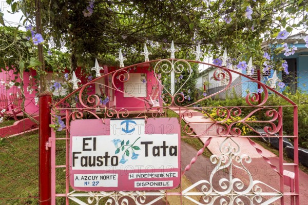 Pink coloured house with stairs, casa particular, private living in Cuba, El Fausto Tata, Viñales,