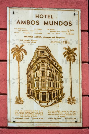 Hotel Amos Mundos, hotel sign on the facade, hotel of the writer Ernest Hamingway in Havana, La