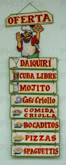 Menu and menu card, menu outside a restaurant in the streets of Vinales, Daiquiri, Cuba libre,
